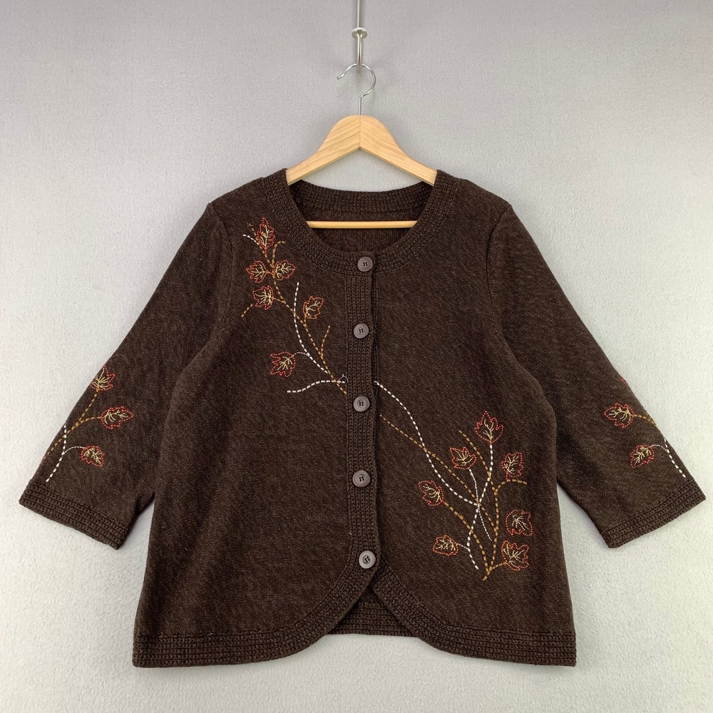 VTG Christopher & Banks Embroidered Leaf Cardigan Sweater Women XL Brown Cotton